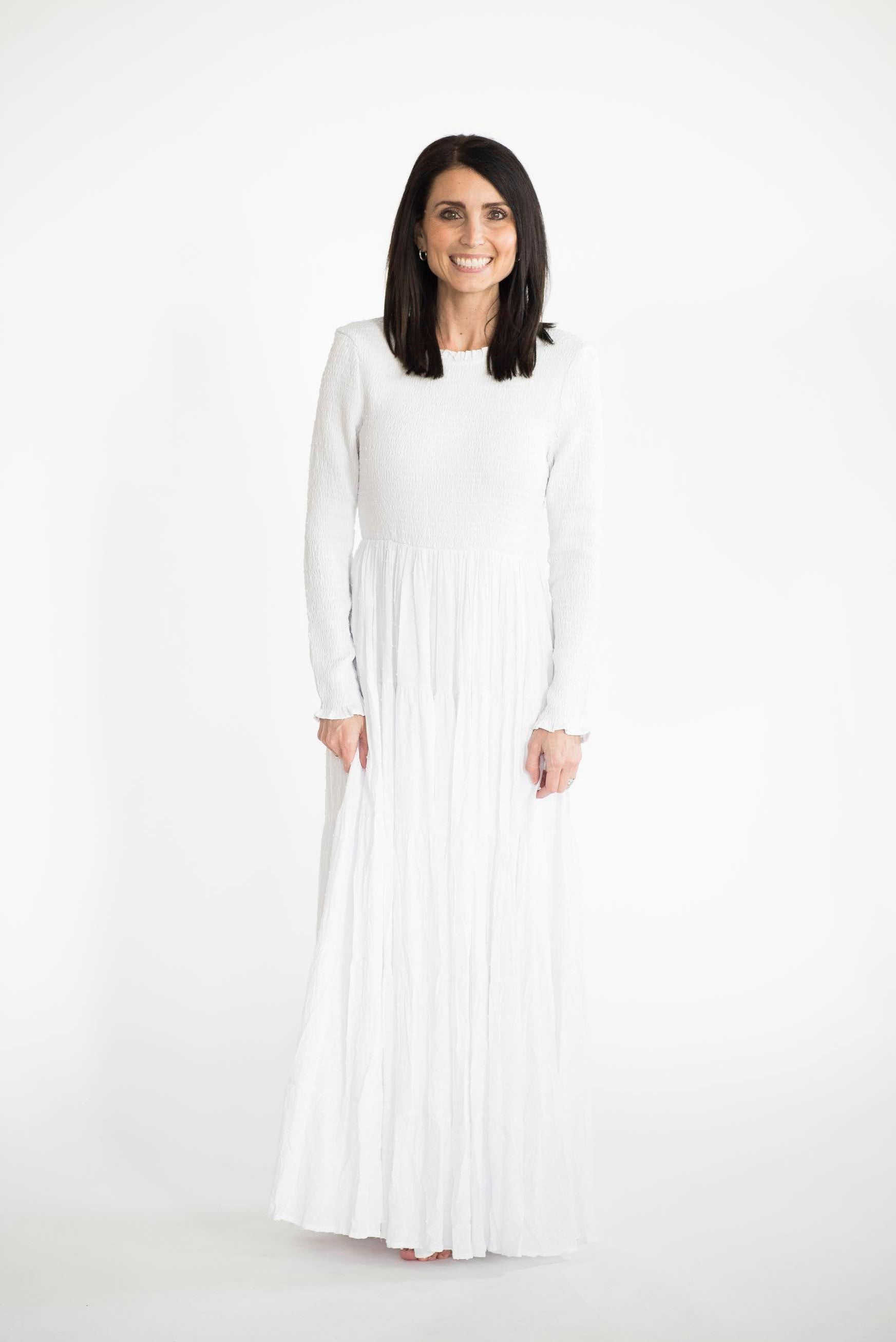 Smocked Top Temple Dress — white LDS temple dress, view 2
