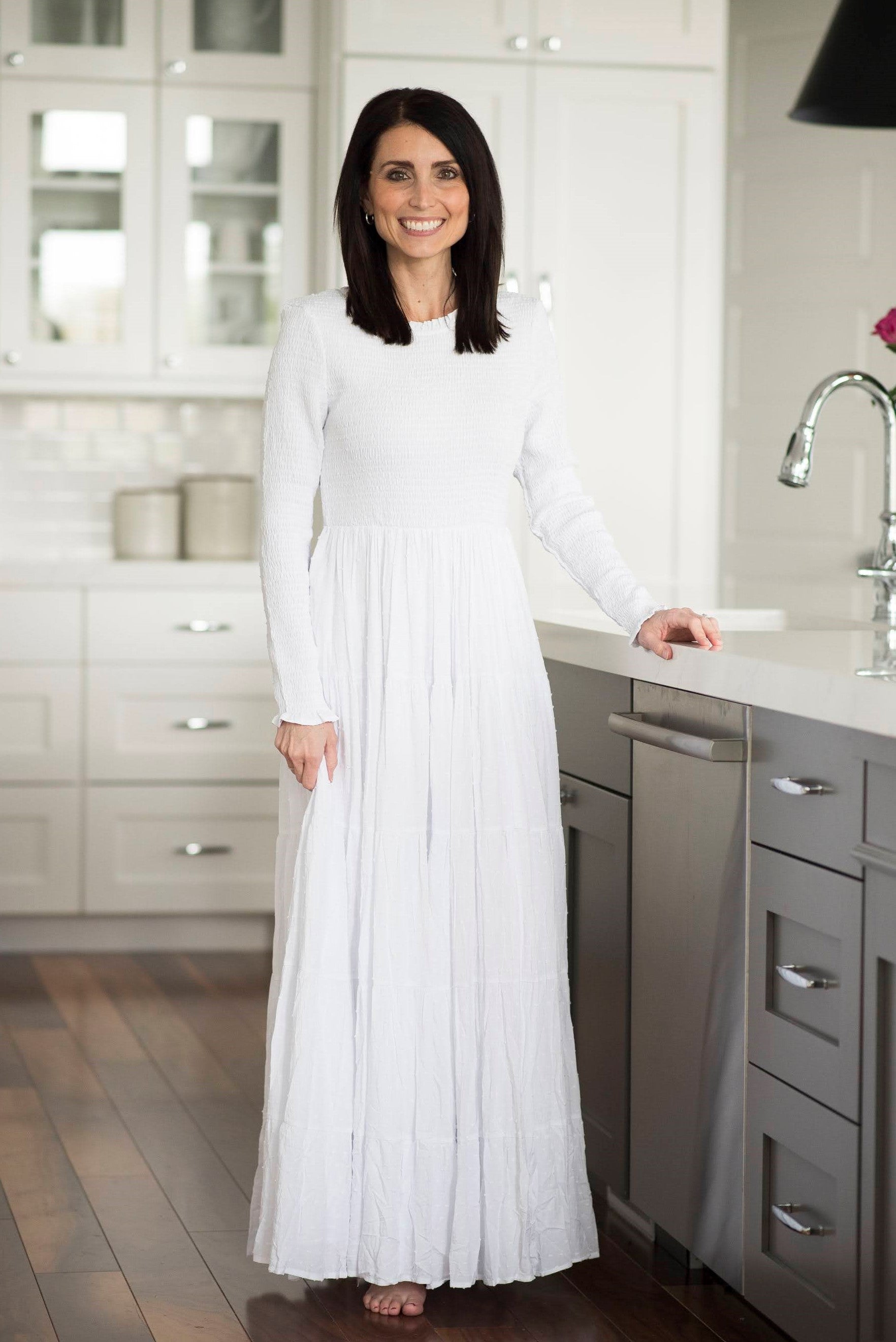 Smocked Top Temple Dress — white LDS temple dress, view 3