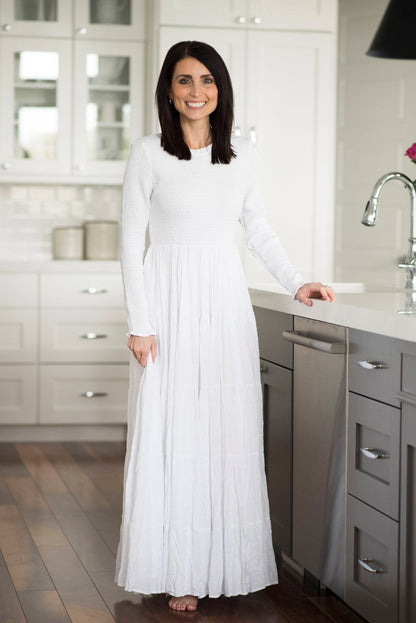 Smocked Top Temple Dress — white LDS temple dress, view 3