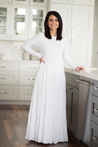 Smocked Top Temple Dress — white LDS temple dress, view 4